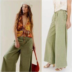 NWT Free People Retro 90s Wide Leg Textured Cotton-Linen Sage Green Pants SZ 2